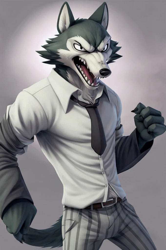 best quality, masterpiece:1), furry male anthro legoshi wolf, solo, standing, bare chest, body fur, white dress shirt, open shirt, grey necktie, striped pants, sleeves rolled up, looking at viewer, open mouth, sharp teeth, angry, abstract background, detailed octane render, black eyes, small pupils, tail,