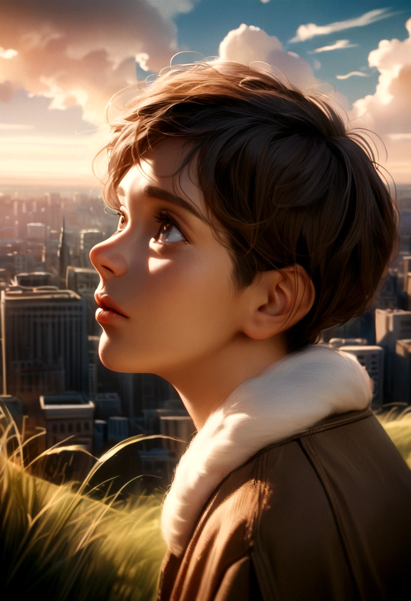 a young boy looking up at the blue sky with sad expression, white fluffy clouds, cityscape in background, lush green grass, Ghibli-esque atmosphere, beautiful detailed eyes, beautiful detailed lips, extremely detailed face, longeyelashes, emotional, cinematic lighting, warm color tones, muted palette, masterpiece, photorealistic, 8k, award winning photo