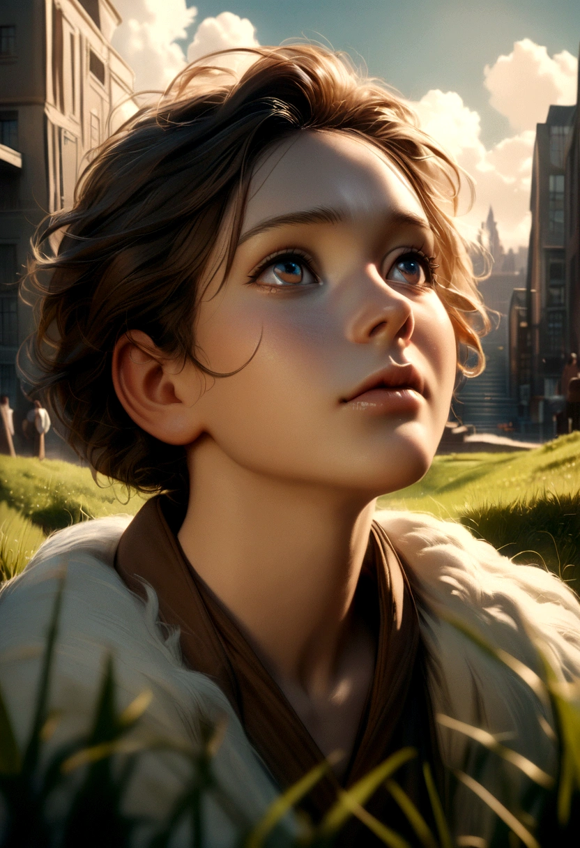 a young boy looking up at the blue sky with sad expression, white fluffy clouds, cityscape in background, lush green grass, Ghibli-esque atmosphere, beautiful detailed eyes, beautiful detailed lips, extremely detailed face, longeyelashes, emotional, cinematic lighting, warm color tones, muted palette, masterpiece, photorealistic, 8k, award winning photo