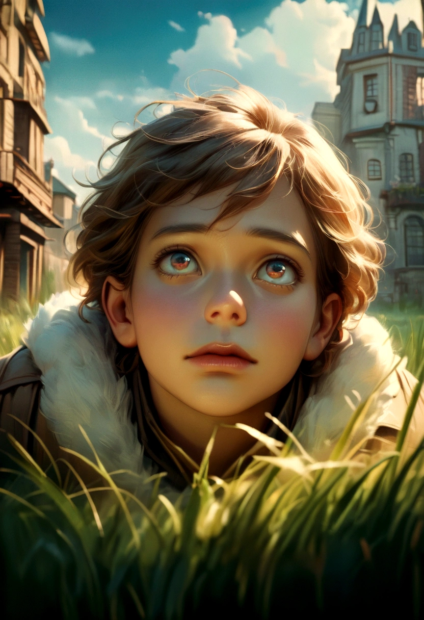 a young boy looking up at the blue sky with sad expression, white fluffy clouds, cityscape in background, lush green grass, Ghibli-esque atmosphere, beautiful detailed eyes, beautiful detailed lips, extremely detailed face, longeyelashes, emotional, cinematic lighting, warm color tones, muted palette, masterpiece, photorealistic, 8k, award winning photo