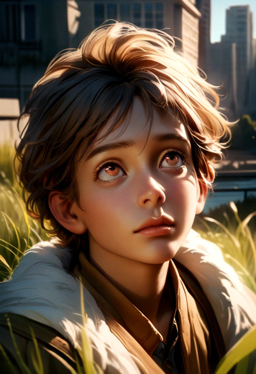 a young boy looking up at the blue sky with sad expression, white fluffy clouds, cityscape in background, lush green grass, Ghibli-esque atmosphere, beautiful detailed eyes, beautiful detailed lips, extremely detailed face, longeyelashes, emotional, cinematic lighting, warm color tones, muted palette, masterpiece, photorealistic, 8k, award winning photo