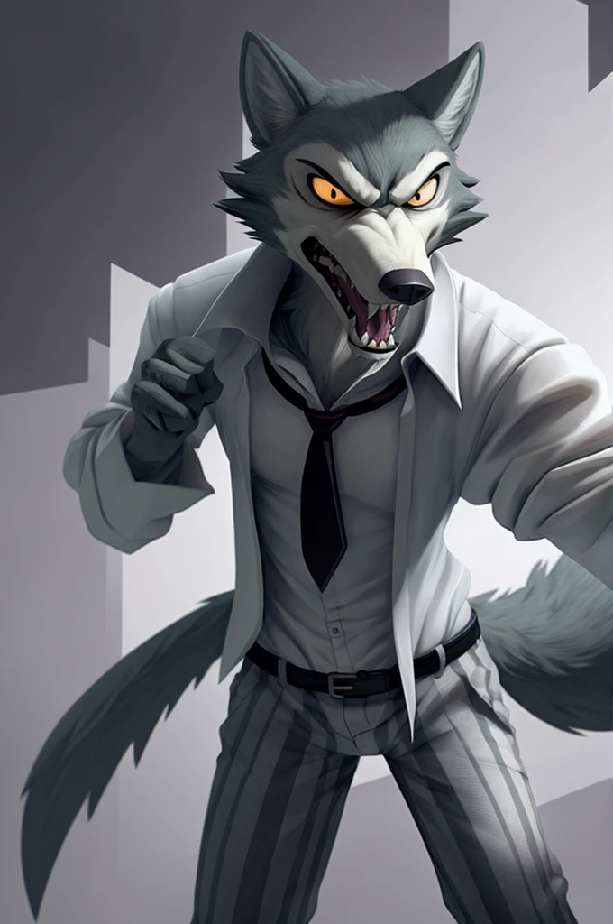 best quality, masterpiece:1), furry male anthro legoshi wolf, solo, standing, bare chest, body fur, white dress shirt, open shirt, grey necktie, striped pants, sleeves rolled up, looking at viewer, open mouth, sharp teeth, angry, abstract background, detailed octane render, black eyes, small pupils, tail,