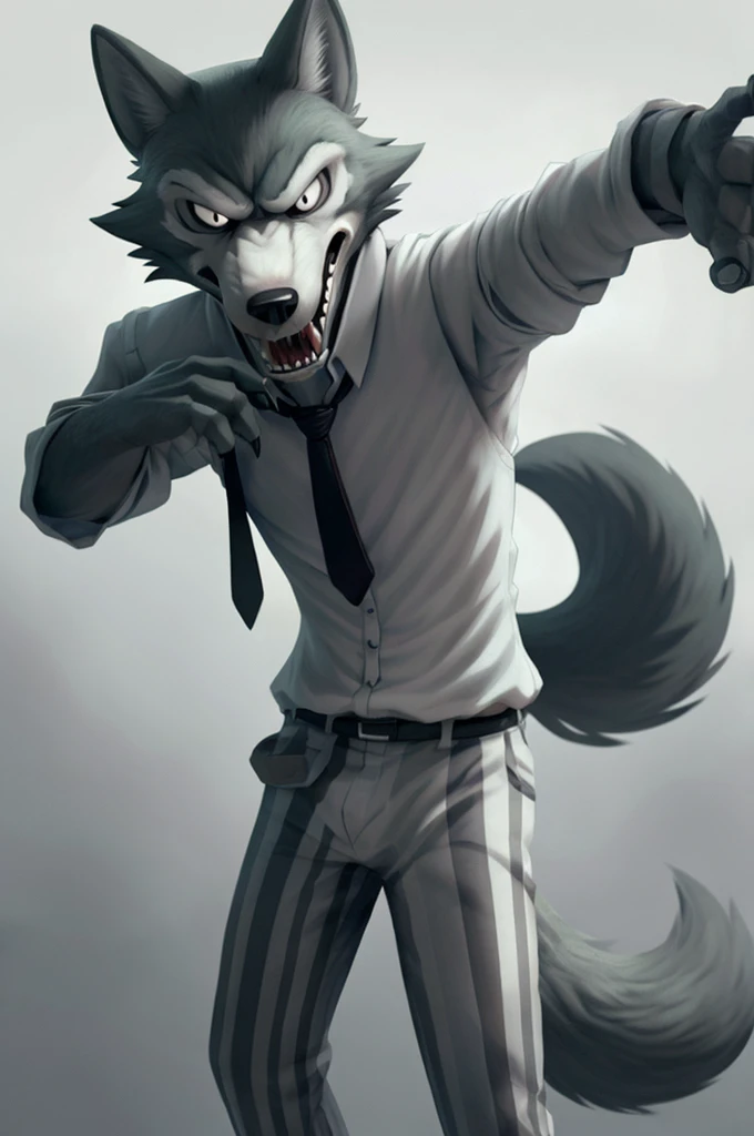 best quality, masterpiece:1), furry male anthro legoshi wolf, solo, standing, bare chest, body fur, white dress shirt, open shirt, grey necktie, striped pants, sleeves rolled up, looking at viewer, open mouth, sharp teeth, angry, abstract background, detailed octane render, black eyes, small pupils, tail,