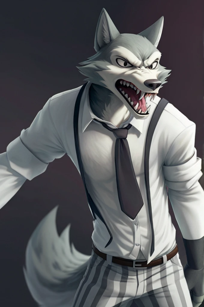 best quality, masterpiece:1), furry male anthro legoshi wolf, solo, standing, bare chest, body fur, white dress shirt, open shirt, grey necktie, striped pants, sleeves rolled up, looking at viewer, open mouth, sharp teeth, angry, abstract background, detailed octane render, black eyes, small pupils, tail,