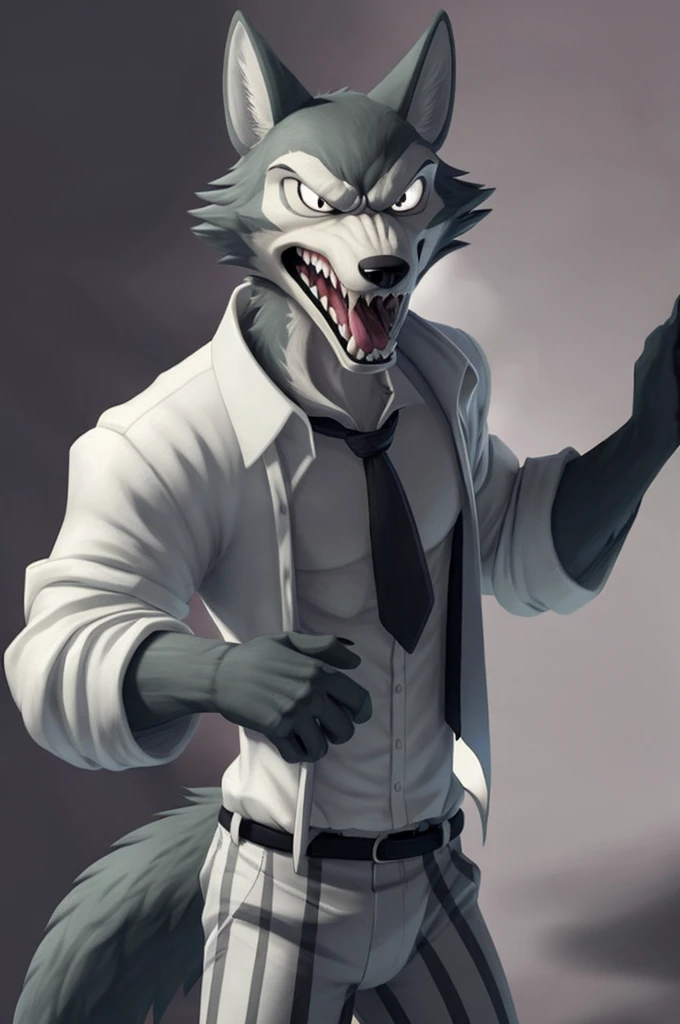 best quality, masterpiece:1), furry male anthro legoshi wolf, solo, standing, bare chest, body fur, white dress shirt, open shirt, grey necktie, striped pants, sleeves rolled up, looking at viewer, open mouth, sharp teeth, angry, abstract background, detailed octane render, black eyes, small pupils, tail,