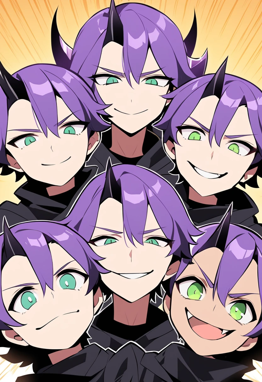 (fantasy_style:1.25), top-quality、((Deformed))、Boy with purple short hair、Green eyes、demonic horns、A smile, black coat, teen, side horn