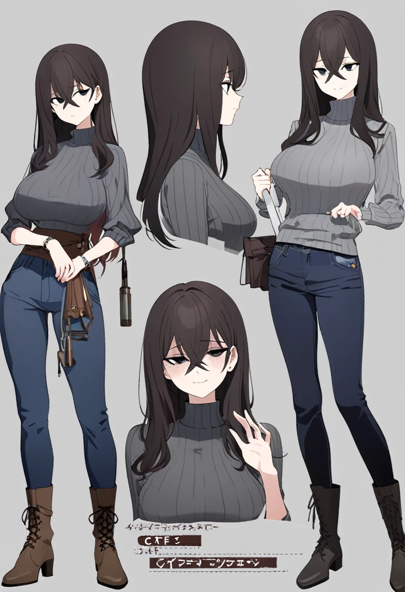 One Woman,Downer,older sister,Concept Art,Dark brown hair,Straight hair with slight inward curls,Staring eyes,Circles in the eyes,black eye,Crossed bangs,whole body,smile,Larger breasts,Gray background,Bangs that reach down to the eyes,Messy hair,Tight dark jeans,Gray turtleneck sweater,Multiple views of the same character,Character Design,Dark circles under the eyes,Bad look,Listless,Sloppy,Silver Jewelry,Cafe staff,whole bodyCharacter Design,Detailed hands,Height: 170cm,boots,