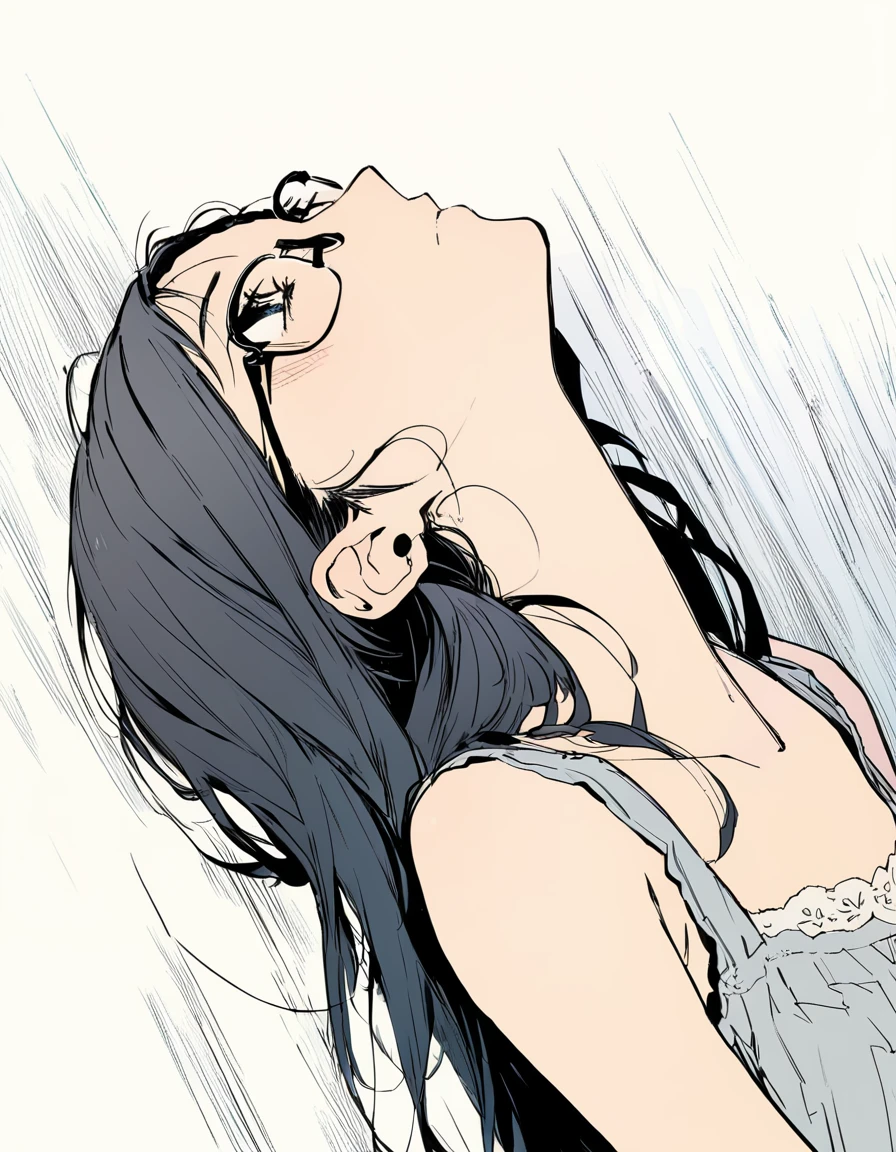 ultra-detailed:1.3, ultra delicate and detailed face:1.3, (absurdres, texture, masterpiece), pixiv contest winner, by Posuka Demizu, dynamic manga-style illustration of slender girl with glasses is sitting, head tilt, ♡, head back,