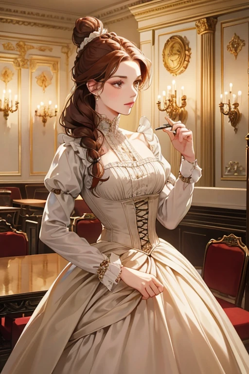 Beautiful aristocratic woman of victorian era, Europe in the 18th century, reddish brown hair,Exquisite high bun braid hairstyle, curls, elegant ballroom dress, Standing in the luxurious banquet hall, Delicate and meticulous, 8K, Reality, Dramatic Lighting, high quality, Complex design, classical portrait