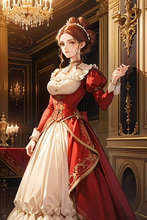 Beautiful aristocratic woman of victorian era, Europe in the 18th century, reddish brown hair，Exquisite high bun braid hairstyle, curls, elegant ballroom dress, Standing in the luxurious banquet hall, Delicate and meticulous, 8K, Reality, Dramatic Lighting, high quality, Complex design, classical portrait
