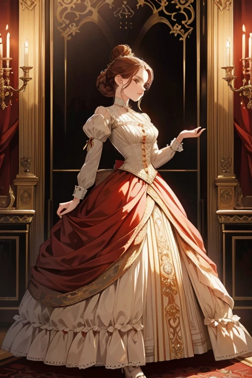 Beautiful aristocratic woman of victorian era, Europe in the 18th century, reddish brown hair,Exquisite high bun braid hairstyle, curls, elegant ballroom dress, Standing in the luxurious banquet hall, Delicate and meticulous, 8K, Reality, Dramatic Lighting, high quality, Complex design, classical portrait