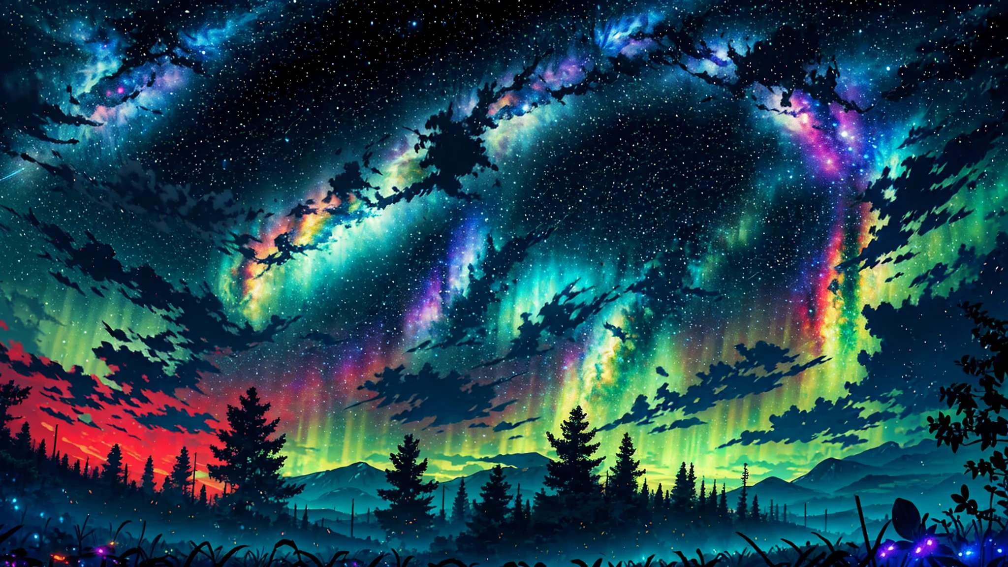 Wide Landscape Photos, (Looking from the bottom up, The sky is above, There is open space below),  (Full Moon: 1.2), (meteor: 0.9), (nebula: 1.3),,Handmade art, (暖lamp: 1.2), (firefly: 1.2), lamp, Lots of purple and red, Intricate details, Volumetric LightingBREAK (masterpiece: 1.2), (best quality), 4K, Extremely detailed, (Dynamic Combination: 1.4), Rich in details，Colorful, (Rainbow Colors: 1.2), (glow, Ambient Lighting), Like a dream, magic, (solitary: 1.2)