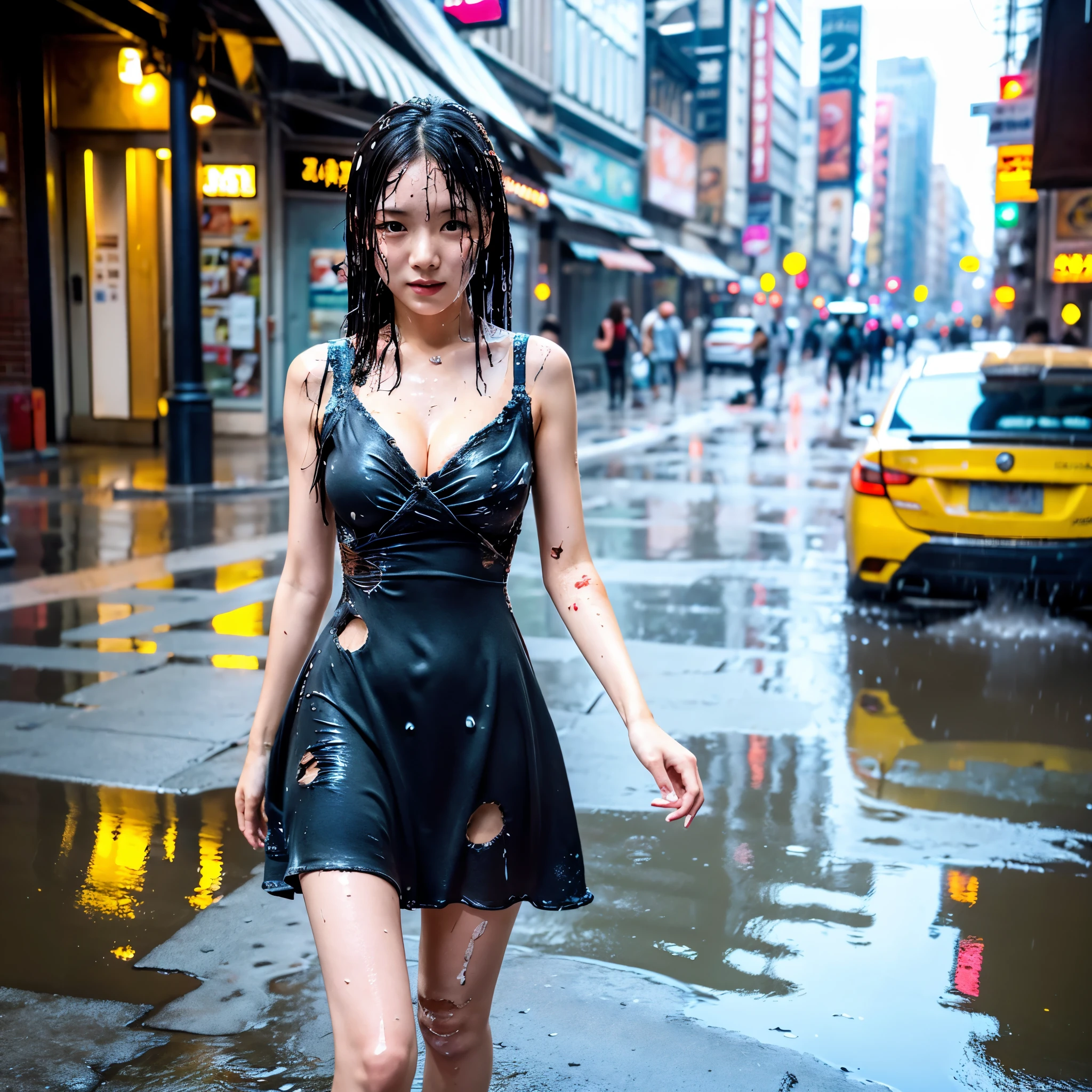 She walks along the sidewalks of a big city lined with buildings ,drenched, Dripping, Wet Face,Wet clothes, Wet Skin, Wet Hair,A young woman with a cute face like an idol,((Cleavage)),(((A dress that melts and disappears when it gets wet))),(((A melted and tattered dress))),((Full body portrait)),RAW Photos,Genuine,Genuine,High resolution,RAW Photos,masterpiece, beautiful