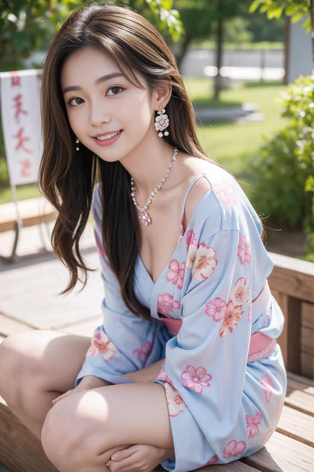 Highest quality,8K, Detailed facial depiction, Detailed description of the eyes,One Woman, Light brown hair(Medium-long hair),Beautiful Japanese Girl,24-years-old,Cute eyes,Cute Smile,Yukata beauty,A yukata with large polka dots on a white background,Slender body, Large, plump breast size, Long and beautiful legs,Smiling, Colorful earrings,necklace,Are standing,Beautiful nape,Japanese Summer Festivals,There are food stalls