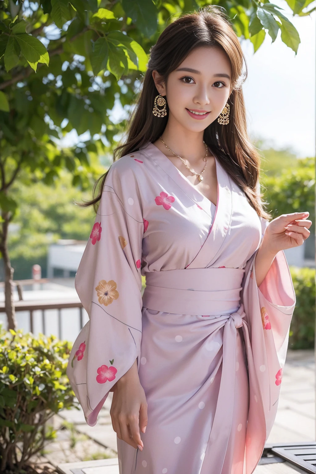 Highest quality,8K, Detailed facial depiction, Detailed description of the eyes,One Woman, Light brown hair(Medium-long hair),Beautiful Japanese Girl,24-years-old,Cute eyes,Cute Smile,Yukata beauty,A yukata with large polka dots on a white background,Slender body, Large, plump breast size, Long and beautiful legs,Smiling, Colorful earrings,necklace,Are standing,Beautiful nape,Japanese Summer Festivals,There are food stalls