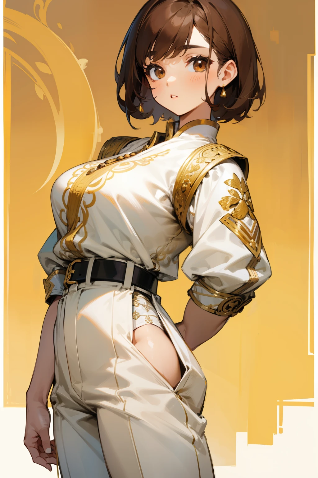 Cute girl, short brown hair, brown eyes, white clothes embroidered with beautiful intricate gold embroidery, big breasts, black belt, short white pants,