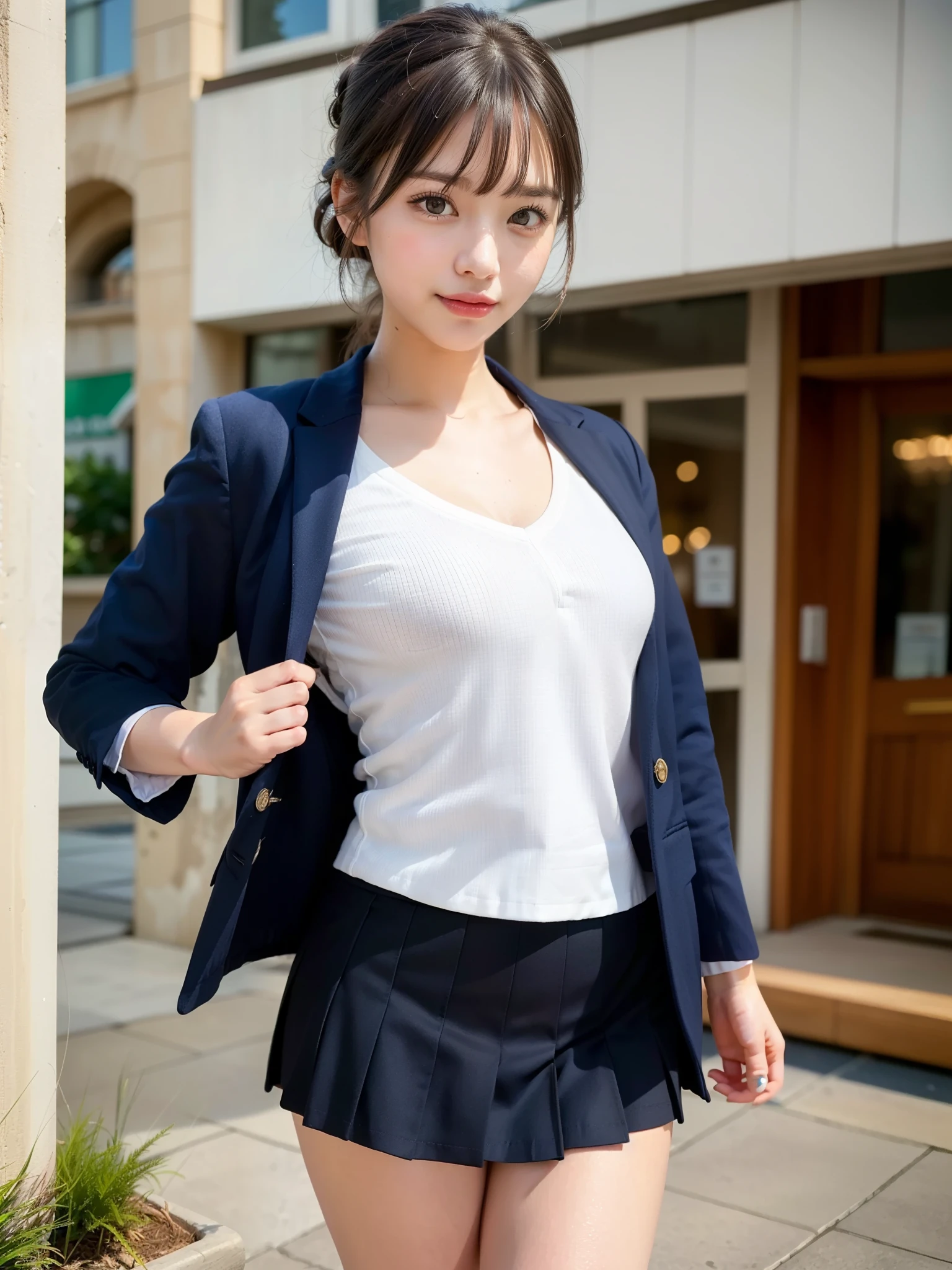 ((Best of the highest quality, 8k, Masterpiece, raw photo: 1.2)), (Sharp focus: 1.2), (1 AESPA, slim body type female, 21 y/o: 1.1), (Solo: 1.28), (realistic, photo-realistic:1.37), face focus, cute face, finely eyes, (droopy eyes: 1.32), (Emphasize prominent aegyo-sal with bright: 1.2), shimmering eyeshadow applied under the lower lash line, paired with thick, (small breasts, flat chest, Thigh: 1.3), (short messy hair, updo, bangs: 1.28), (wearing navy blazer school uniform, skirt: 1.32), (ribbon: 1.1), walking terrace dining, flower, (from below: 1.16)