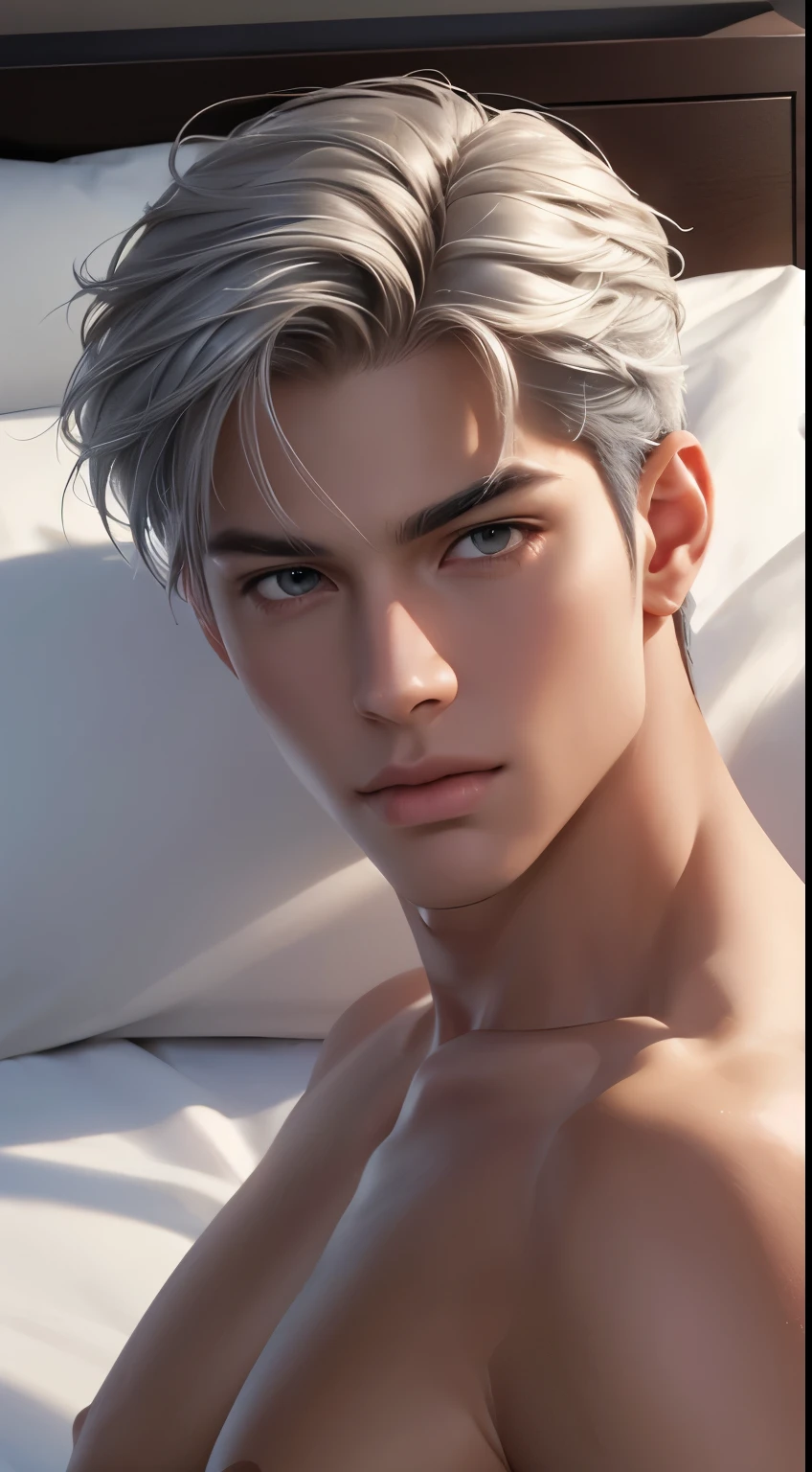 1 boy, handsome, tall and strong, perfect male figure, eyes looking at camera, (tanned skin:1.2), silver hair, serious expression, ray tracing, lying on bed, lay on bed, top view, (best quality,4k,8k,highres,masterpiece:1.2),ultra-detailed,(realistic,photorealistic,photo-realistic:1.37),studio lighting,ultra-fine painting,sharp focus,physically-based rendering,extreme detail description,professional,vivid colors,bokeh,portrait