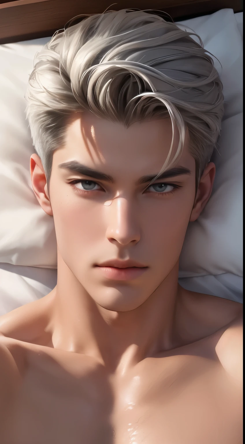 1 boy, handsome, tall and strong, perfect male figure, eyes looking at camera, (tanned skin:1.2), silver hair, serious expression, ray tracing, lying on bed, lay on bed, top view, (best quality,4k,8k,highres,masterpiece:1.2),ultra-detailed,(realistic,photorealistic,photo-realistic:1.37),studio lighting,ultra-fine painting,sharp focus,physically-based rendering,extreme detail description,professional,vivid colors,bokeh,portrait