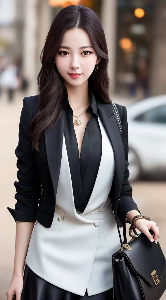 best quality, masterpiece, 1girl, Beautiful face, (photo realistic:1.3), rim lighting, (high detailed skin:1.2), 8k uhd, dslr, high quality, high resolution, 4k, 8k, Bokeh,  absurdres, best ratio four finger and one thumb, (realistic:1.3), cute 1girl, wearing black formal blazer, medium breasts, short skirt,