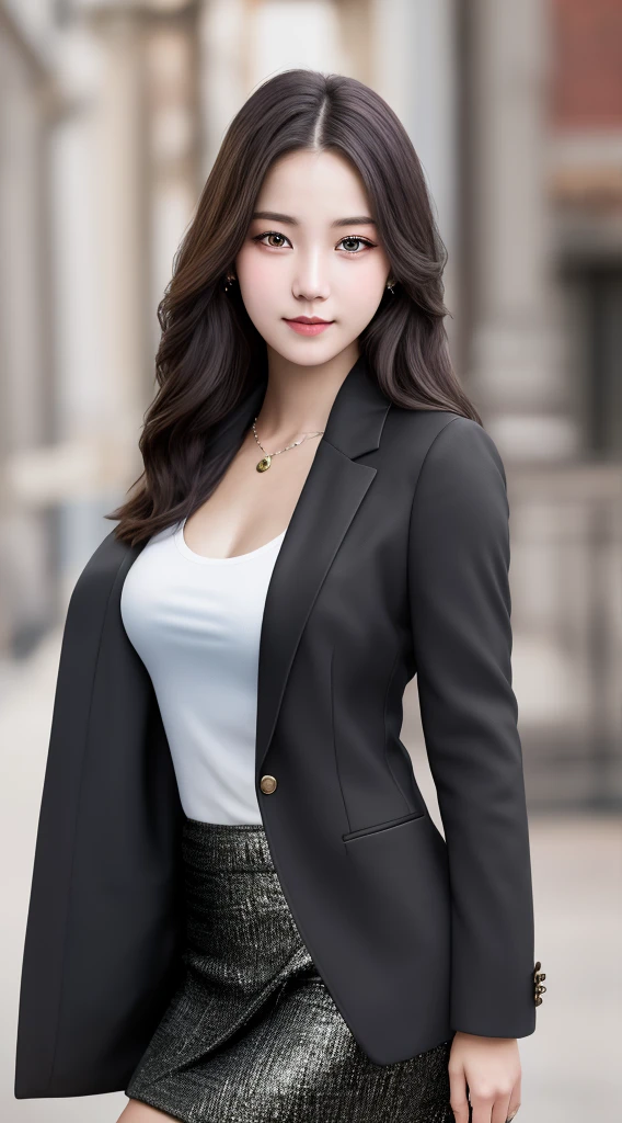 best quality, masterpiece, 1girl, Beautiful face, (photo realistic:1.3), rim lighting, (high detailed skin:1.2), 8k uhd, dslr, high quality, high resolution, 4k, 8k, Bokeh, absurdres, best ratio four finger and one thumb, (realistic:1.3), cute 1girl, wearing black formal blazer, medium breasts, short skirt,