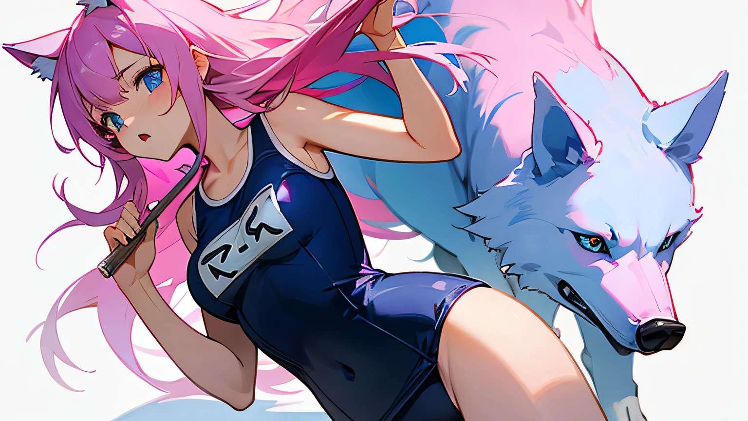 A  with a pink head and blue eyes, a wolf pig, wearing a school swimsuit. 