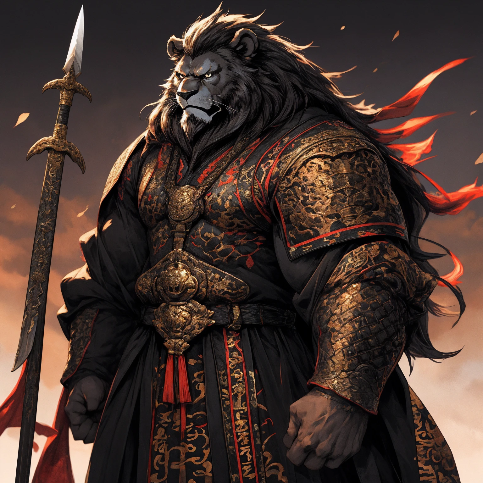 (Black Lion),(Black combat robe),Holding a spear,Powerful gesture,Stand confidently and proudly,Chinese style general holding a sword looking into the distance Longcheng middle-aged serious face beard,Strong,muscle,(high resolution:1.3)