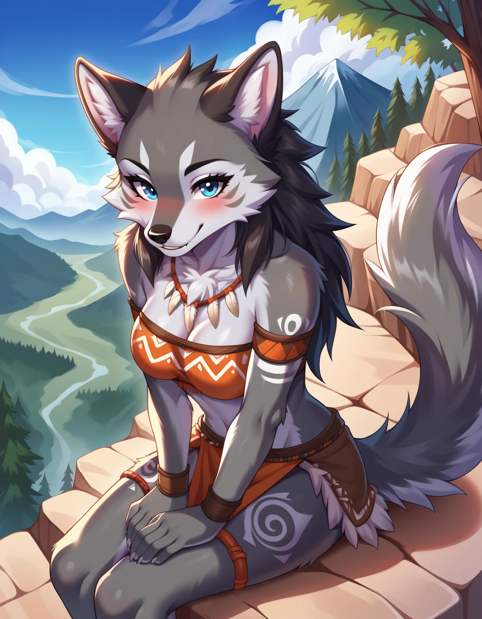 score_9, source_furry,
furry, wolf ears, tail, grey body, wolf, outside, forest, smile, looking at viewer, tail,cliffs, mountains, clouds,blue eyes, sitting,blush, tribal clothes, medium breasts, from above,