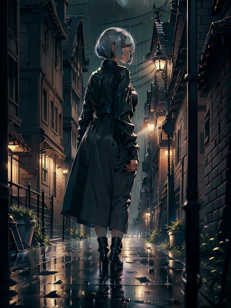 ((masterpiece)), ((best quality)), (ultra-detailed), ((extremely detailed)), 4K, (8K), best quality, a beautiful woman, ((beautiful light gray hair)), shiny hair, ((bob cut)), light blue eyes, freckled skin, 20 years old, 

Back view, full body, ((night, warm street, dark)), deserted city, standing in middle of street, ((black rencoat, rain, heavy rain, raindrops visible)), wet ground, hands in pockets, tall, black booties, (( 1girl))