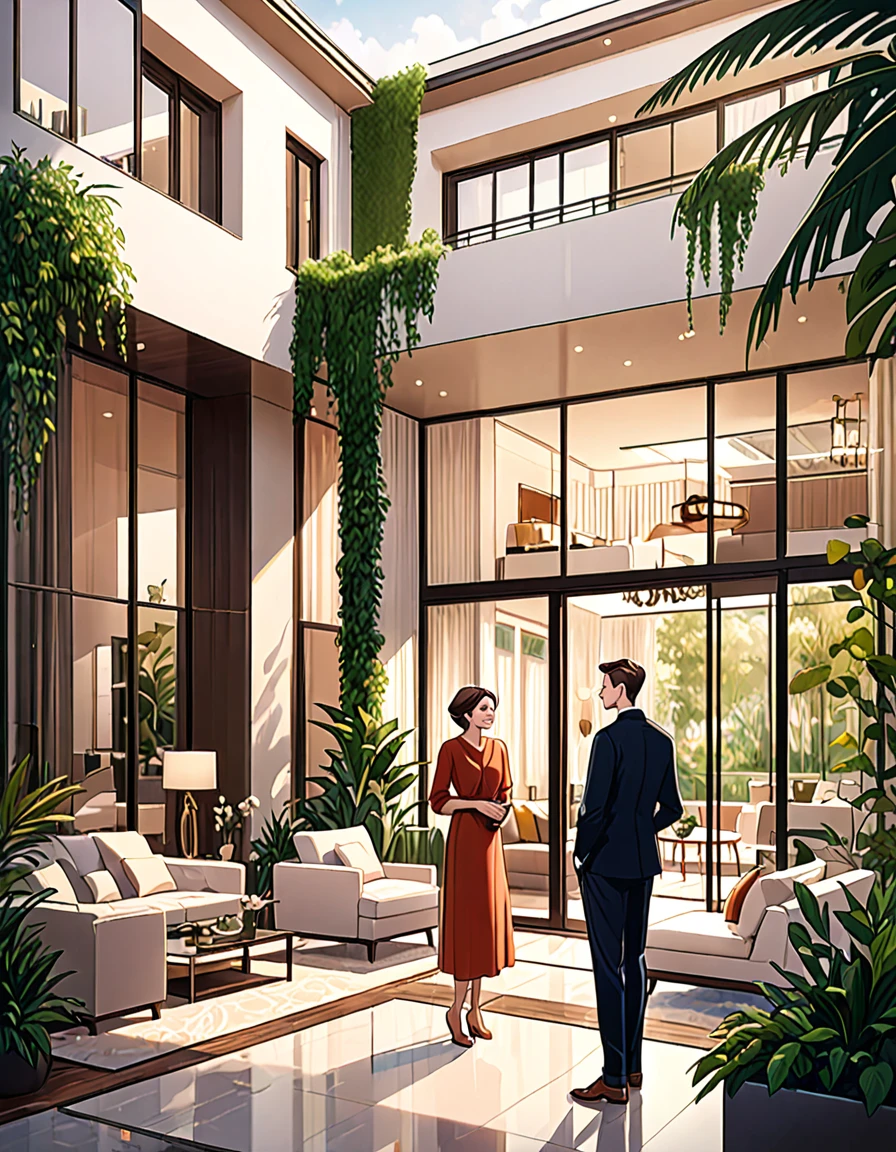 A beautiful illustration featuring a wealthy 25 year old boy proudly showing their luxurious modern home to his old mom. The home is elegant and sophisticated, seamlessly blending with the surrounding lush greenery. The scene exudes a warm, aesthetic vibe, with soft, inviting colors and gentle lines, capturing the love and pride in the young man's eyes as he presents their stunning residence to his mother. The mother is clearly older, with a kind and gentle appearance. the house features sleek architecture, large windows, and stylish design elements, ensuring a contemporary and luxurious feel. The overall atmosphere is serene and enchanting, evoking a sense of beauty, tranquility, and modern opulence,8k, highly detailed