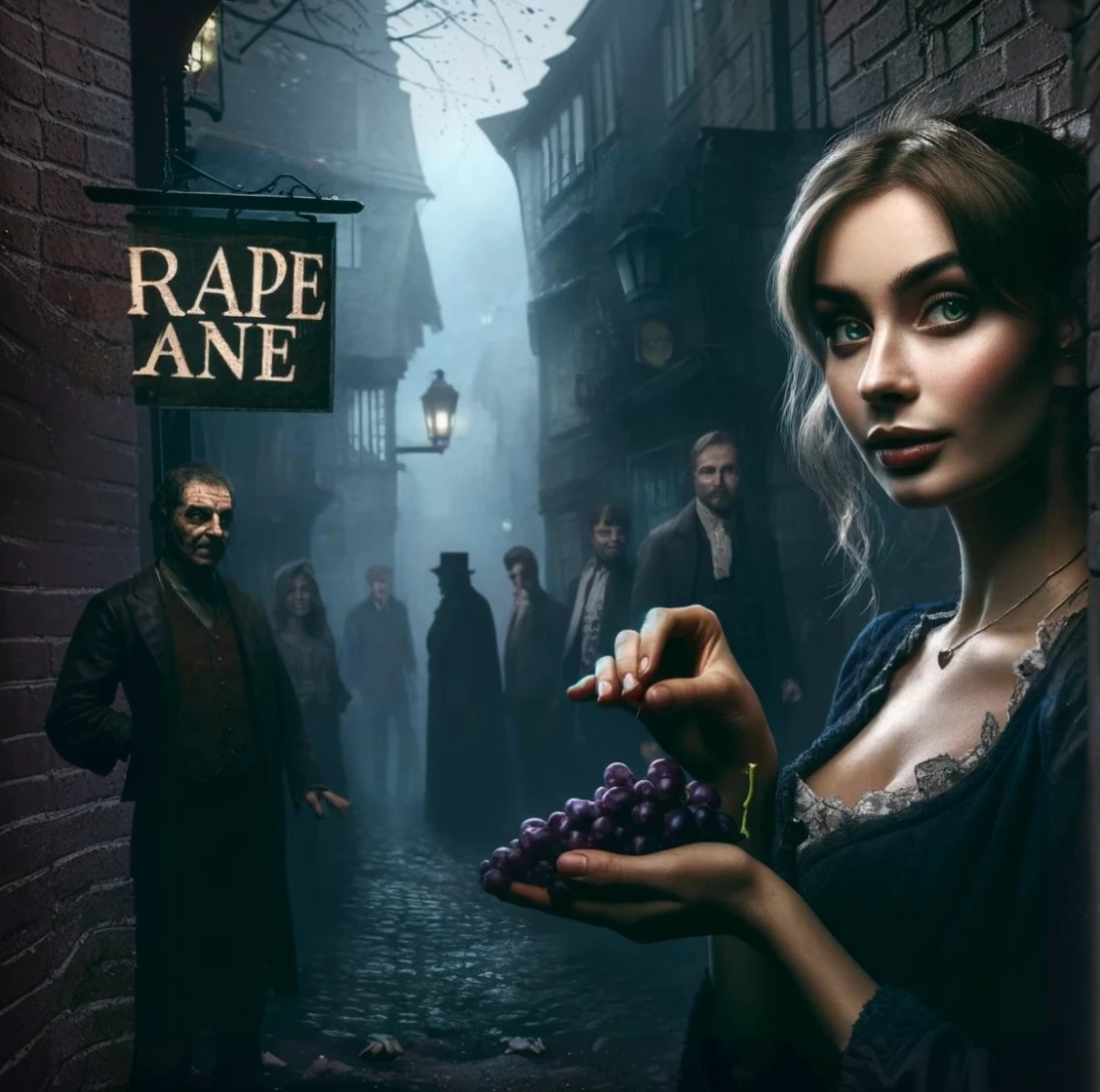 Create an image depicting a beautiful young woman in the dark alleys of old England. The surroundings are decayed, damp, and filled with sinister-looking people. The words "Grape Line" should be prominently displayed in the image. The woman is holding a single grape in her hand.