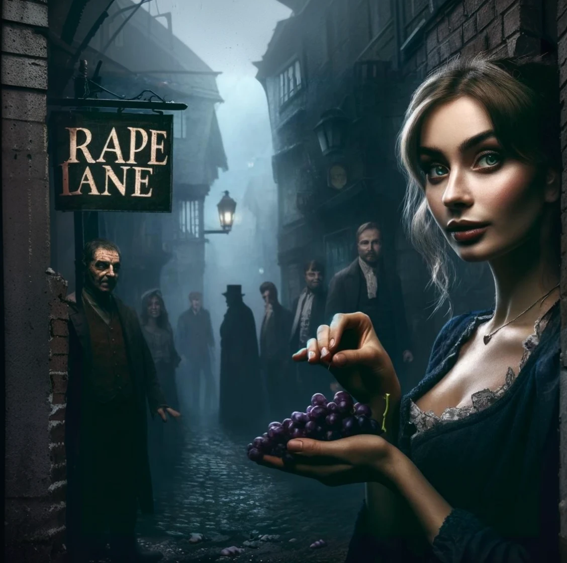 Create an image depicting a beautiful young woman in the dark alleys of old England. The surroundings are decayed, damp, and filled with sinister-looking people. The words "Grape Line" should be prominently displayed in the image. The woman is holding a single grape in her hand.