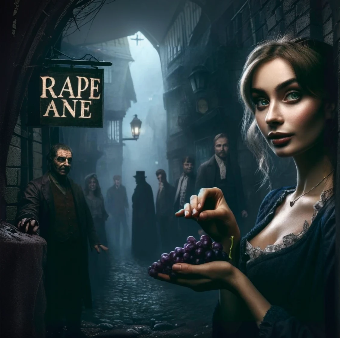 Create an image depicting a beautiful young woman in the dark alleys of old England. The surroundings are decayed, damp, and filled with sinister-looking people. The words "Grape Line" should be prominently displayed in the image. The woman is holding a single grape in her hand.