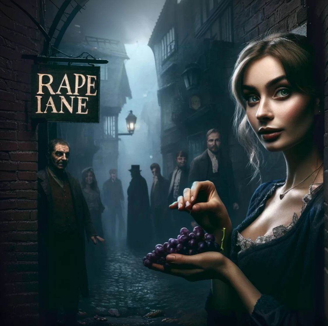 Create an image depicting a beautiful young woman in the dark alleys of old England. The surroundings are decayed, damp, and filled with sinister-looking people. The words "Grape Line" should be prominently displayed in the image. The woman is holding a single grape in her hand.