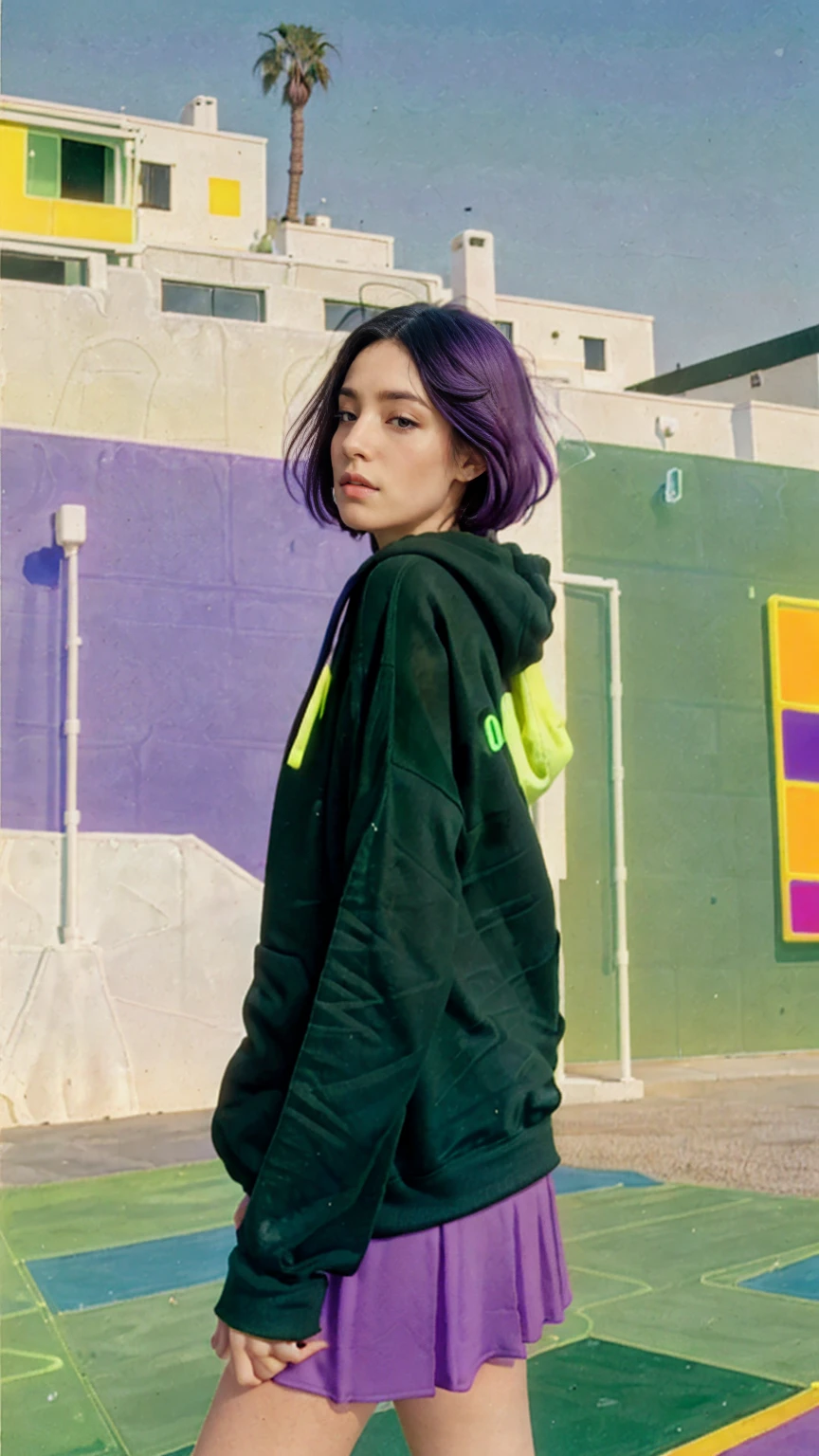 1 girl, beautiful, black bob hair, almond eye, no makeup, ((green color neon oversized hoodie)), (purple tennis skirt),elegant pose in front of ((80's mondrian architecture colorful motel)),(from below:1.2), (realistic:1.1), (surreal:1.2), (very detailed:1.1), ((masterpiece)),summer, blue sky, palm trees,sunny, los angles vibes