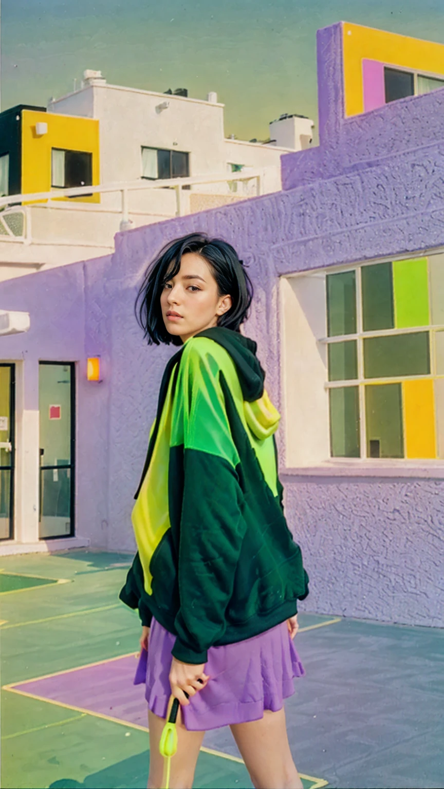 1 girl, beautiful, black bob hair, almond eye, no makeup, ((green color neon oversized hoodie)), (purple tennis skirt),elegant pose in front of ((80's mondrian architecture colorful motel)),(from below:1.2), (realistic:1.1), (surreal:1.2), (very detailed:1.1), ((masterpiece)),summer, blue sky, palm trees,sunny, los angles vibes