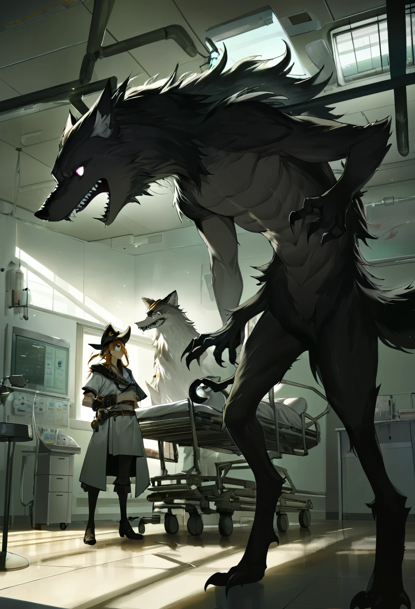 cover page, highres, top quality, best quality, paid reward available, unparalleled masterpiece, perfect artwork, absurdres, High-quality illustrations, super high resolution, detailed background, perfect anatomy(kemono, furry anthro, boy, girl)Hospitals with power outages, Spooky creatures, Pirate Ship, a pirate,  good lighting, cinematic shadow,