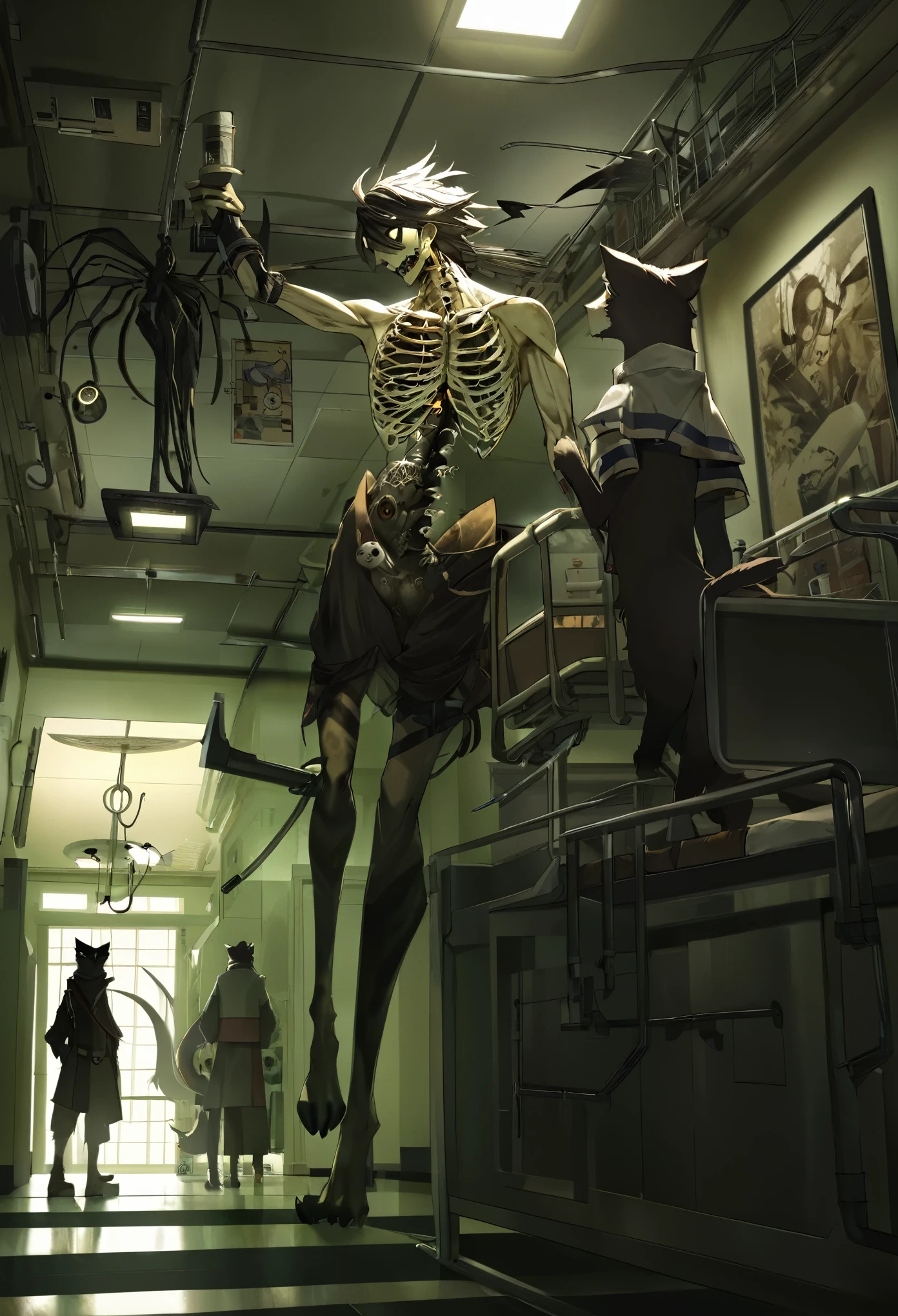 cover page, highres, top quality, best quality, paid reward available, unparalleled masterpiece, perfect artwork, absurdres, High-quality illustrations, super high resolution, detailed background, perfect anatomy(kemono, furry anthro, boy, girl)Hospitals with power outages, Spooky creatures, Pirate Ship, a pirate,  good lighting, cinematic shadow,