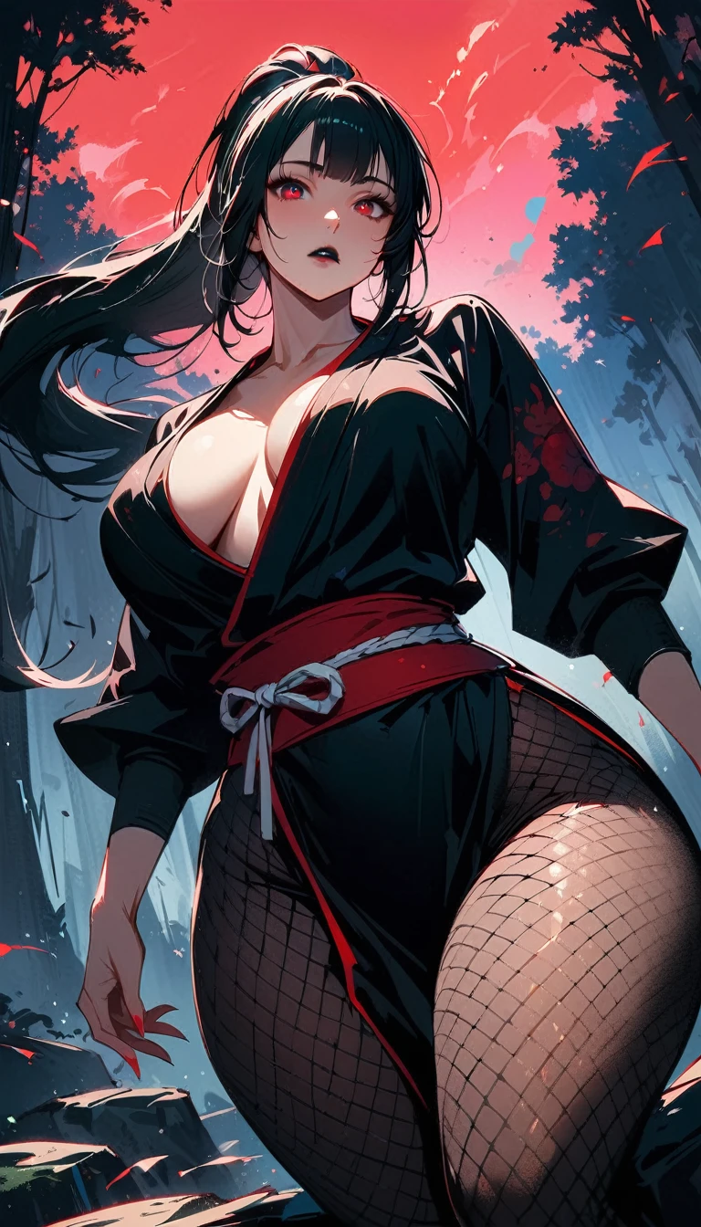 (high quality, 8k, 4K, high contrast, artwork:1.2, high quality, best aesthetics), (dynamic angle), ((1 woman)), erotic, sensual, mature body, super detailed, beautiful face detailed, beautiful eyes detailed, detailed beautiful mouth, sexy body, perfect breats, perfect wide thighs, black hair, short black hair, ponytail hair, red eyes, serious facial expression, women's black ninja kimono with red clouds printed, black fishnet pantyhose, black lipstick, kunoichi, ninja girl, forest, sitting on top of a rock, centered, looking at the viewer.