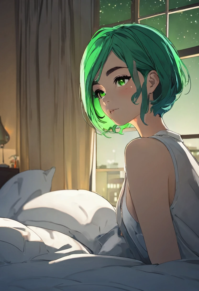 Cute girl with short hair relaxing in bed Night room Green hair Looking out the window 