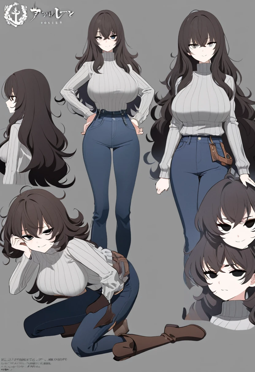 One Woman,Downer,older sister,Concept Art,Dark brown hair,Straight hair with slight inward curls,Staring eyes,Circles in the eyes,black eye,Crossed bangs,whole body,smile,Larger breasts,Gray background,Bangs that reach down to the eyes,Messy hair,Tight dark jeans,Gray turtleneck sweater,Multiple views of the same character,Character Design,Dark circles under the eyes,Bad look,Listless,Sloppy,Silver Jewelry,Cafe staff,whole bodyCharacter Design,Detailed hands,Height: 170cm,boots,
