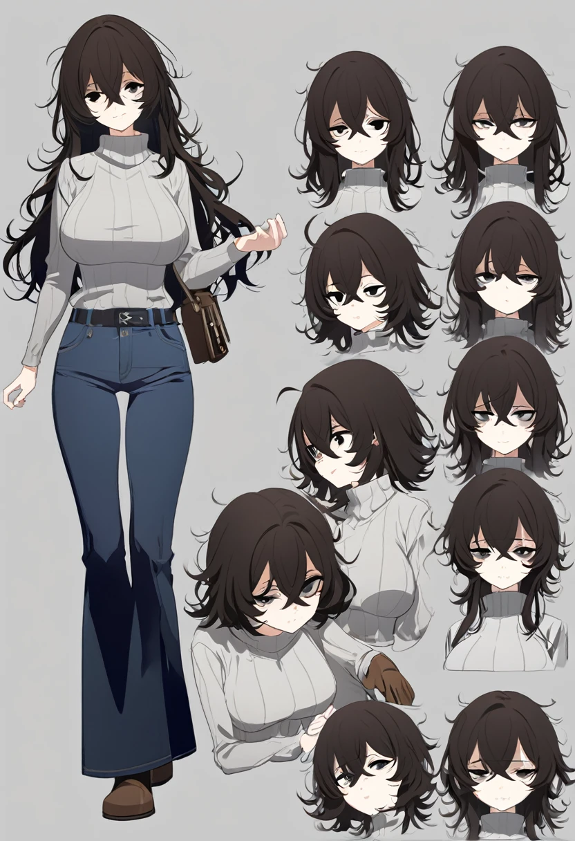 One Woman,Downer,older sister,Concept Art,Dark brown hair,Straight hair with slight inward curls,Staring eyes,Circles in the eyes,black eye,Crossed bangs,whole body,smile,Larger breasts,Gray background,Bangs that reach down to the eyes,Messy hair,Tight dark jeans,Gray turtleneck sweater,Multiple views of the same character,Character Design,Dark circles under the eyes,Bad look,Listless,Sloppy,Silver Jewelry,Cafe staff,whole bodyCharacter Design,Detailed hands,Height: 170cm,boots,