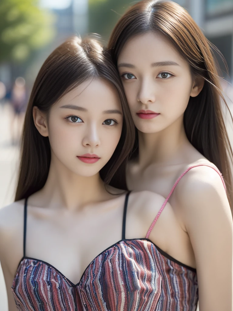 ((Best quality,High Detail,Focus accurately,masterpiece:1.5)),, 18岁sweet女孩, Sequined Camisole,(Soft and thin waist:1.5),sweet,cute,Fair skin: 1.2, (Natural light, City Streets: 1.1), Highly detailed face and skin textures, Delicate big eyes, Double eyelids,Large Breasts