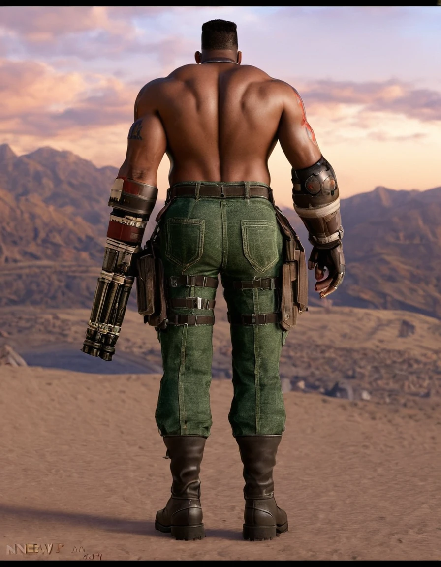 barret, dark skin male with gun arm and tattoo, sunglasses, bulk , full body , black boots , shirtless , (( micro-tongs )) , NSFW . backside , back side 