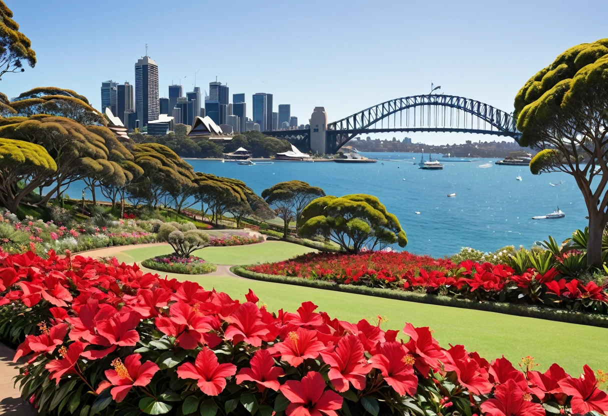Big red flowerbed, Harbour Bridge in the background, inspired by Sydney Carline, Sydney Opera House, Sydney Opera House, Sydney Opera House, Flowers in the foreground, Sydney, Botanic Gardens, Parks and Gardens, Sydney Park, incredibly beautiful, with garden in the foreground, Beautiful view, Sydney Mortimer Lawrence, draped in red hibiscus, inspired by Sydney Pryor Hall