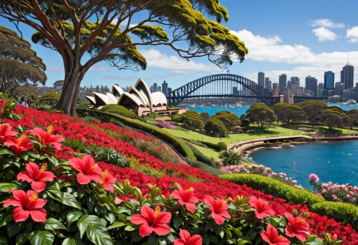 Big red flowerbed, Harbour Bridge in the background, inspired by Sydney Carline, Sydney Opera House, Sydney Opera House, Sydney Opera House, Flowers in the foreground, Sydney, Botanic Gardens, Parks and Gardens, Sydney Park, incredibly beautiful, with garden in the foreground, Beautiful view, Sydney Mortimer Lawrence, draped in red hibiscus, inspired by Sydney Pryor Hall