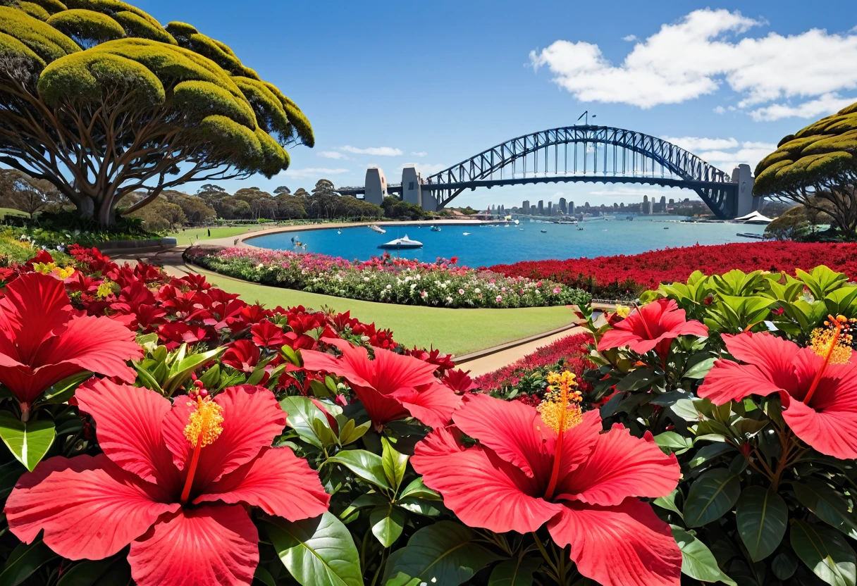Big red flowerbed, Harbour Bridge in the background, inspired by Sydney Carline, Sydney Opera House, Sydney Opera House, Sydney Opera House, Flowers in the foreground, Sydney, Botanic Gardens, Parks and Gardens, Sydney Park, incredibly beautiful, with garden in the foreground, Beautiful view, Sydney Mortimer Lawrence, draped in red hibiscus, inspired by Sydney Pryor Hall