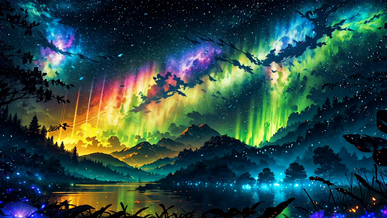 Wide Landscape Photos, (Looking from the bottom up, The sky is above, There is open space below), (Full Moon: 1.2), (meteor: 0.9), (nebula: 1.3), Distant Mountains , The tree,Handmade art, (暖lamp: 1.2), (firefly: 1.2), lamp, Lots of purple and orange, Intricate details, Volumetric LightingBREAK (masterpiece: 1.2), (best quality), 4K, Extremely detailed, (Dynamic Combination: 1.4), Rich in details,Colorful, (Rainbow Colors: 1.2), (glow, Ambient Lighting), Like a dream, magic, (solitary: 1.2)
