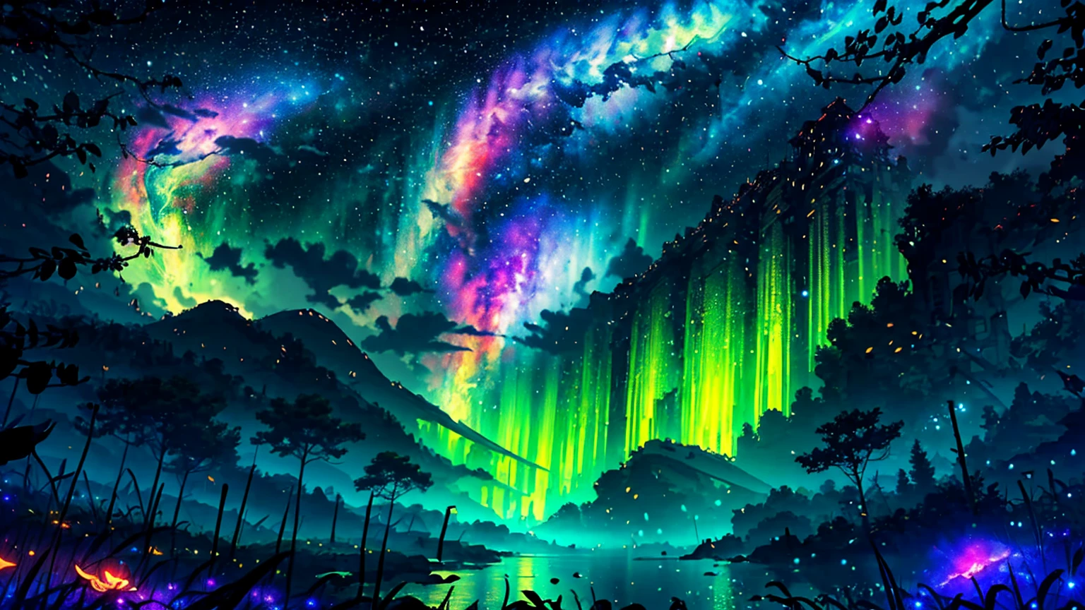 Wide Landscape Photos, (Looking from the bottom up, The sky is above, There is open space below), (Full Moon: 1.2), (meteor: 0.9), (nebula: 1.3), Distant Mountains , The tree,Handmade art, (暖lamp: 1.2), (firefly: 1.2), lamp, Lots of purple and orange, Intricate details, Volumetric LightingBREAK (masterpiece: 1.2), (best quality), 4K, Extremely detailed, (Dynamic Combination: 1.4), Rich in details,Colorful, (Rainbow Colors: 1.2), (glow, Ambient Lighting), Like a dream, magic, (solitary: 1.2)