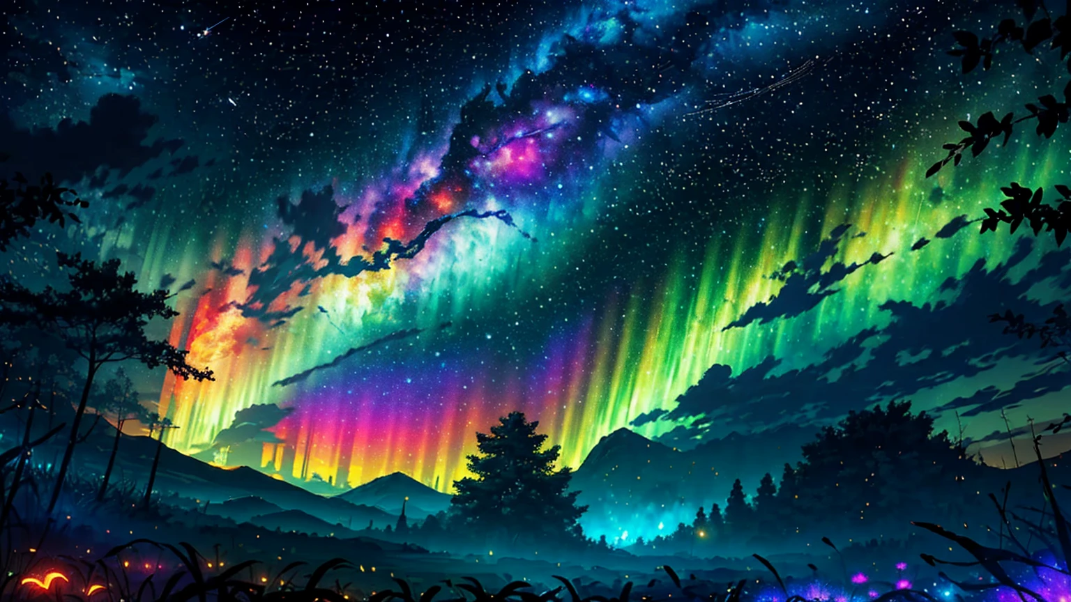 Wide Landscape Photos, (Looking from the bottom up, The sky is above, There is open space below), (Full Moon: 1.2), (meteor: 0.9), (nebula: 1.3), Distant Mountains , The tree,Handmade art, (暖lamp: 1.2), (firefly: 1.2), lamp, Lots of purple and orange, Intricate details, Volumetric LightingBREAK (masterpiece: 1.2), (best quality), 4K, Extremely detailed, (Dynamic Combination: 1.4), Rich in details,Colorful, (Rainbow Colors: 1.2), (glow, Ambient Lighting), Like a dream, magic, (solitary: 1.2)